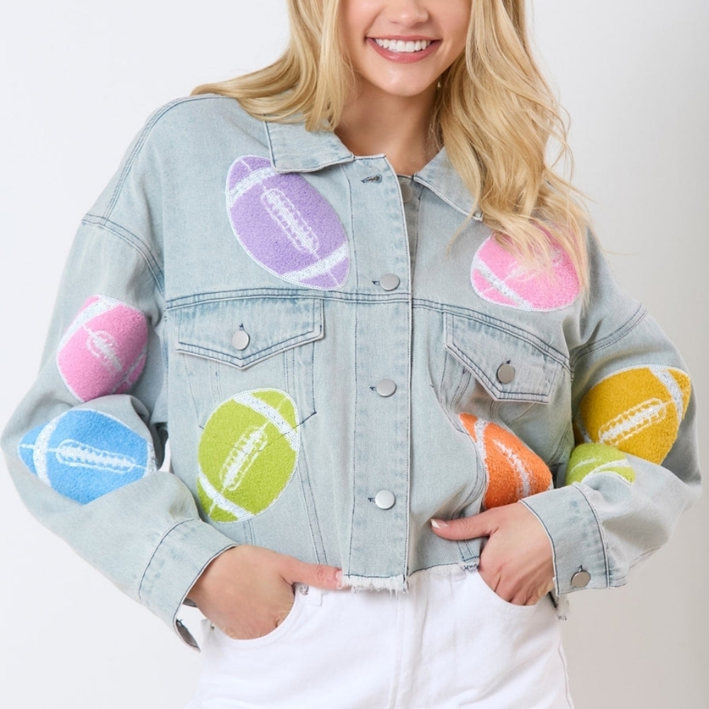 Peach Love California Football Towel & Sequin Embroidery Denim Jacket Size Large